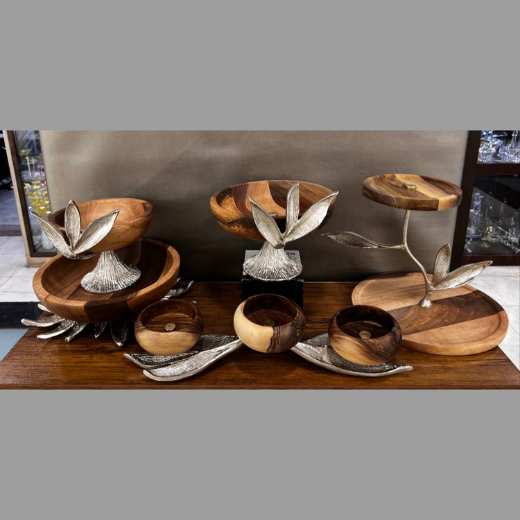 سرویس پذیرایی پنج تکه مدل گلبرگ چوب گردو نقرهای