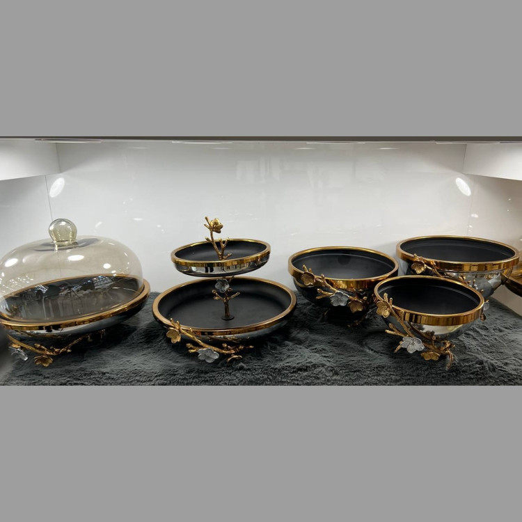 سرویس پذیرایی پنج تکه مدل شکوفه فلزی آبکاری نقرهای طلایی