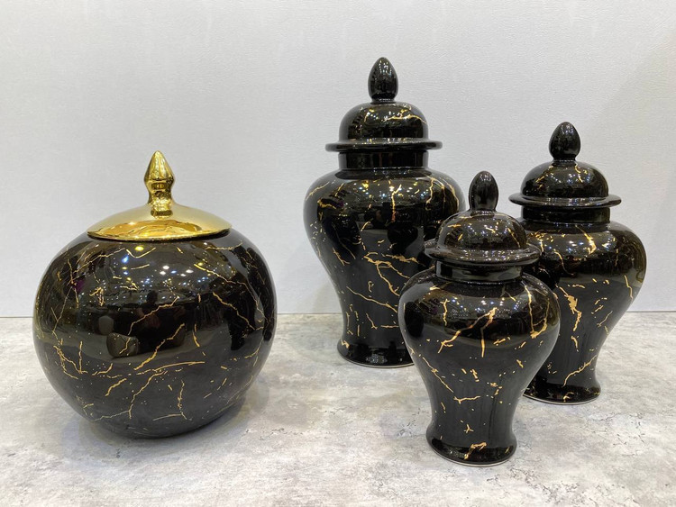 جینجر جار ۳ سایز مدل ماربل طلادار مشکی